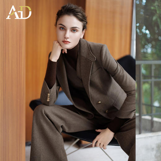 AD秋冬棕色羊毛西装套装女2025新款高级感毛呢外套时尚马甲三件套 商品图1