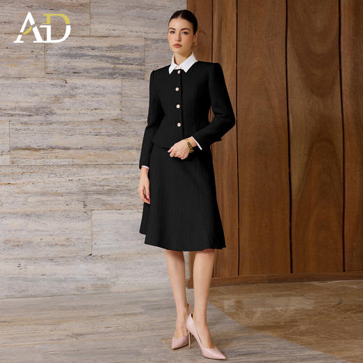 AD黑色翻领纽扣时尚套装女修身优雅气质套装2025新款羊毛呢子伞裙 商品图0