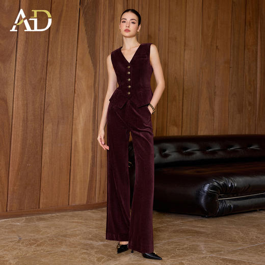 AD复古老钱风V领排扣马甲女2025冬季丝绒无袖西装马夹高级感套装 商品图1