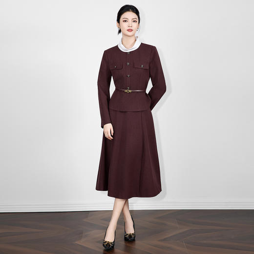 「高货wl」全新升级【铂金会员441/天猫599/差价158】(99220)洛诗琳2025秋冬知性通勤撞色收腰上衣高腰A字半裙两件套 商品图0