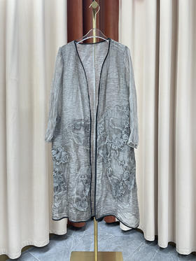 「断码清仓」七分袖复古灰刺绣亚麻桑蚕丝开衫外套 L码 ZFYY058