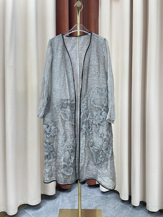 「断码清仓」七分袖复古灰刺绣亚麻桑蚕丝开衫外套 L码 ZFYY058 商品图0