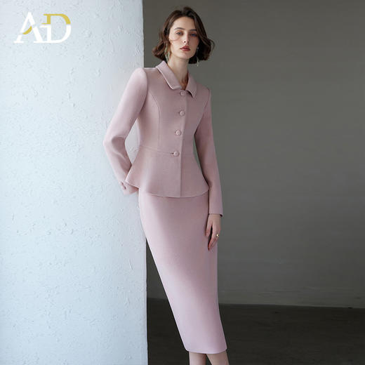 AD韩版名媛范套装女小立领短外套2024新款冬季毛呢粉色中长款裙子 商品图3