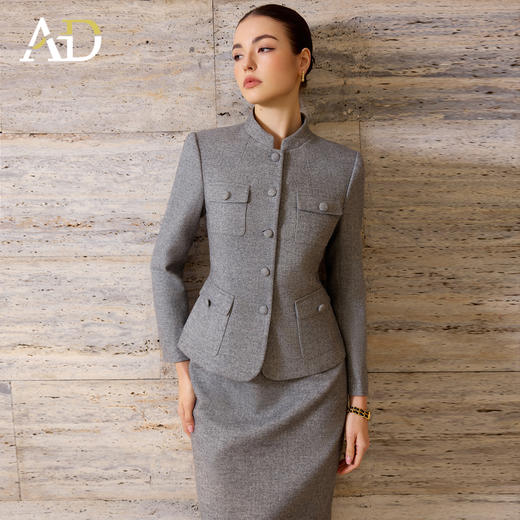 AD秋冬中式国风套装女加厚保暖职业装两件套2025新款时尚灰色西装 商品图2