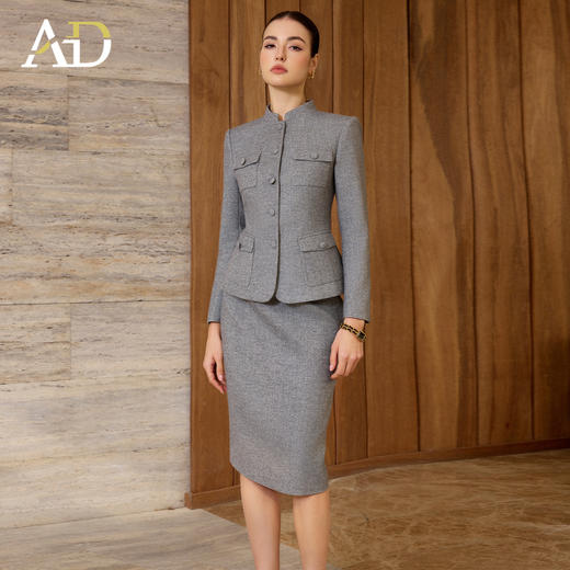 AD秋冬中式国风套装女加厚保暖职业装两件套2025新款时尚灰色西装 商品图3