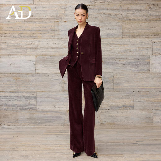 AD老钱风西装三件套女2025秋冬加厚灯芯绒马甲套装红色显瘦阔腿裤 商品图0