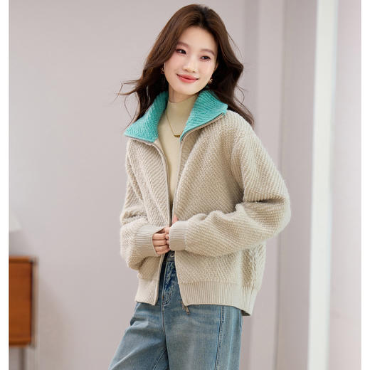 短外套撞色立领慵懒风开衫，休闲双拉链保暖毛衣外套CC-J-7038 商品图3