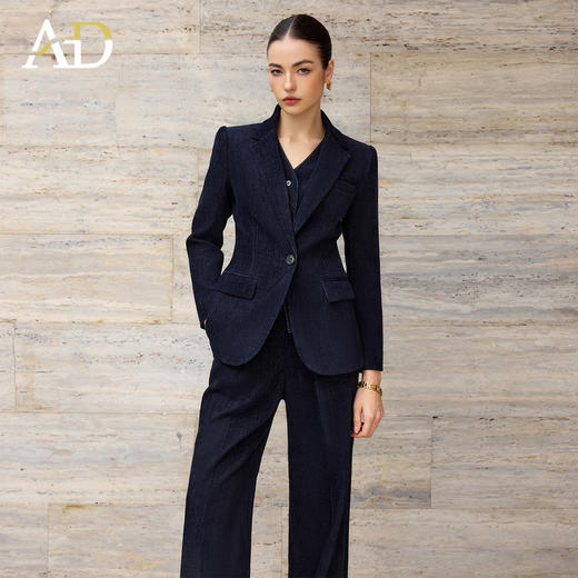 AD高级感深蓝色牛仔肌理感职业西装套装女长袖阔腿裤商务风正装 商品图3