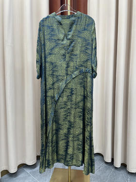 「断码清仓」墨绿色艺术感抽象印花不规则真丝长裙 L码 ZFYY052