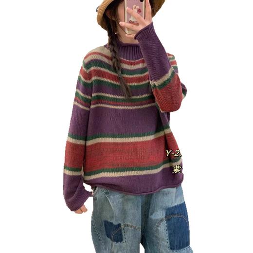 2025秋季新款 复古条纹撞色做旧针织毛衣 宽松高领套头内搭上衣女 商品图4