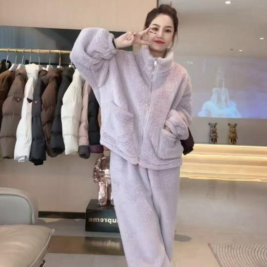 【小香风长袖长裤保暖套装】珊瑚绒加绒加厚立领开衫拉链睡衣家居服女 商品图3