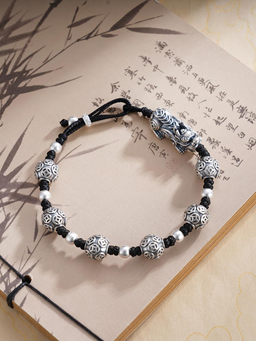 子佩集S999银【聚财灵兽】手链【SC001265】纯银仿古貔貅钱币黑绳2503 商品图0