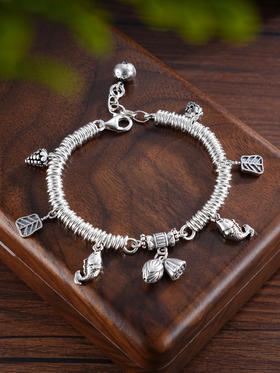 子佩集S925银【扇舞铃音】手串【TSB0001-53】纯银手链仿古鱼扇子莲蓬铃铛可响钱串腰缠万贯盘缠盘缠2503