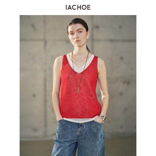 棉仓3631503011-三醋酸针织背心女 25夏假两件V领无袖上衣拼色外穿吊带红色 商品图3