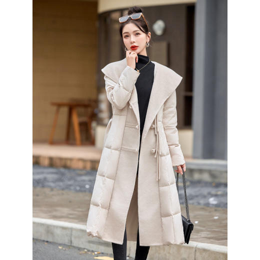 羽绒服加长款过膝白鸭绒，羊毛呢大翻领腰带款加厚外套HR-YJLY1393A 商品图0