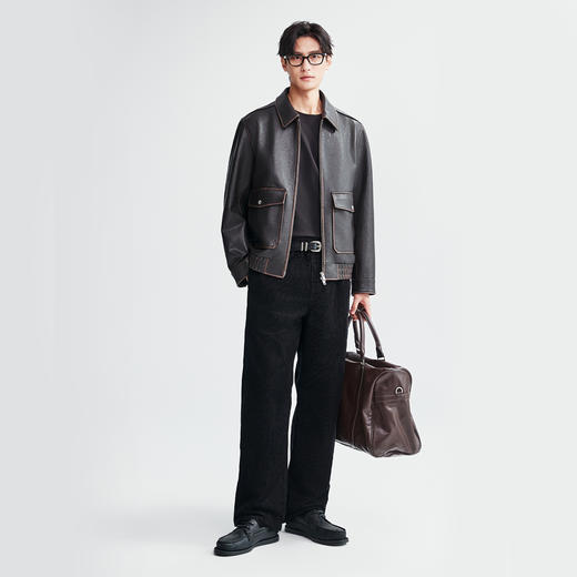 棉仓366827002-7系复古老钱风擦色底特律皮夹克男 秋冬绵羊皮翻领真皮皮衣 商品图3