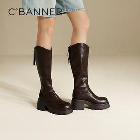 【云粉节】BF楼千百度厚底手抓皮骑士靴女2025冬季新款增高瘦瘦靴粗跟显瘦长靴A25500227吊牌价1299活动价883