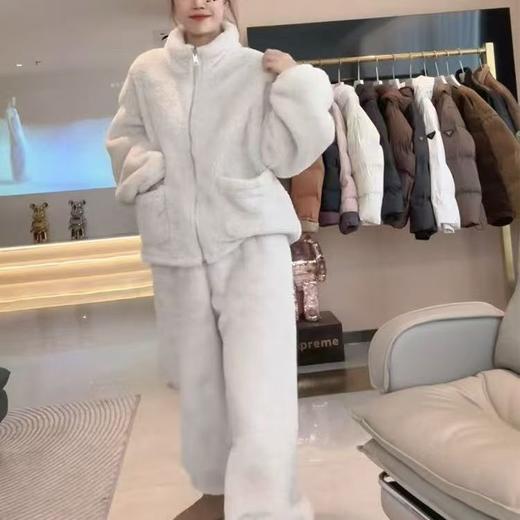 【小香风长袖长裤保暖套装】珊瑚绒加绒加厚立领开衫拉链睡衣家居服女 商品图5