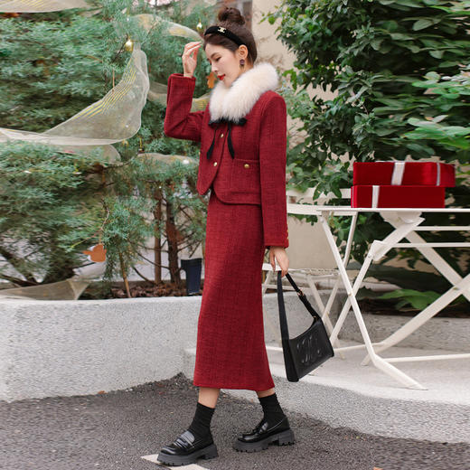 小香风圣诞新年羽绒服套装，气质名媛真毛领半身裙套装HR-YJLY9025 商品图2