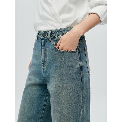 棉仓366619002-25秋复古弹力水洗牛仔丹宁宽边阔腿裤 商品图3