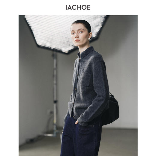 棉仓3671506001-全羊毛小立领针织开衫女 25秋冬厚款针织外套加厚保暖毛衣 商品图0