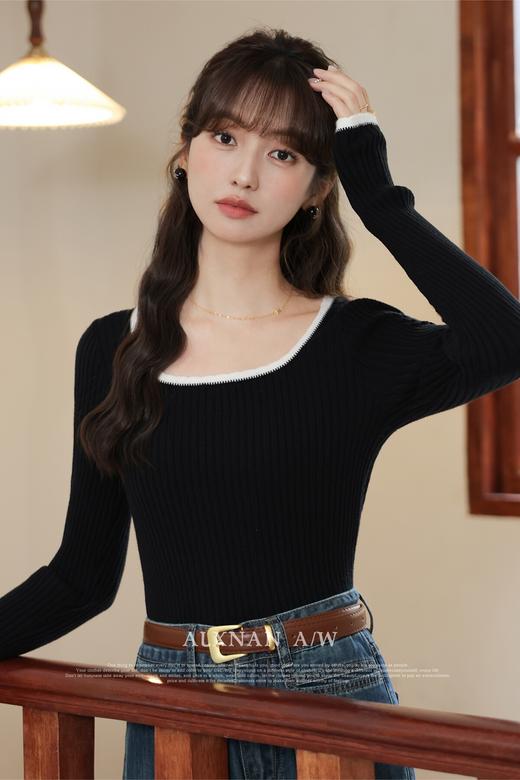 鹿向南「冬日暖阳」撞色方领打底针织衫女秋新款法式修身长袖T恤 商品图5