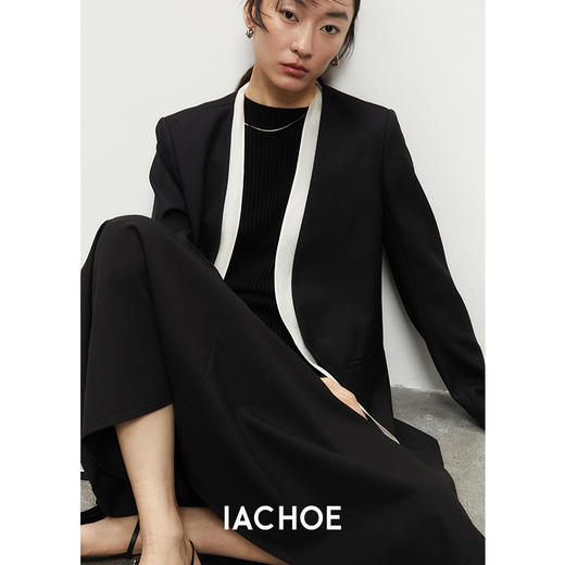 棉仓3521512004-真丝镶边 无领西装女 25秋简约撞色设计感羊毛针织西服外套 商品图1