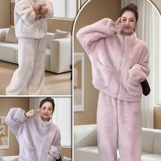 【小香风长袖长裤保暖套装】珊瑚绒加绒加厚立领开衫拉链睡衣家居服女 商品图6