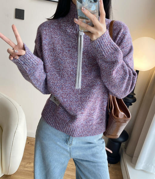 鄂*1980高领花纱羊毛半拉链毛衣101 商品图1