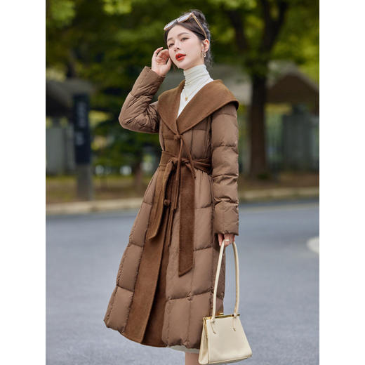 羽绒服加长款过膝白鸭绒，羊毛呢大翻领腰带款加厚外套HR-YJLY1393A 商品图1