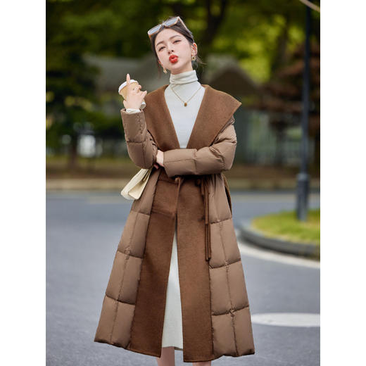羽绒服加长款过膝白鸭绒，羊毛呢大翻领腰带款加厚外套HR-YJLY1393A 商品图2