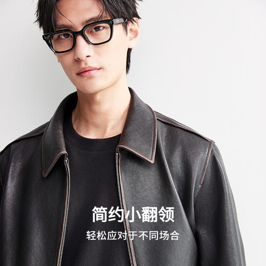 棉仓366827002-7系复古老钱风擦色底特律皮夹克男 秋冬绵羊皮翻领真皮皮衣 商品图1