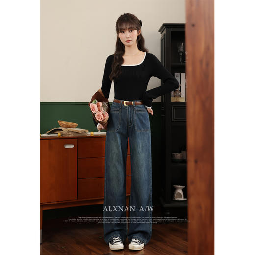 鹿向南「冬日暖阳」撞色方领打底针织衫女秋新款法式修身长袖T恤 商品图4