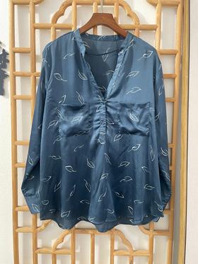 「断码清仓」复古风蓝色印花质感衬衣 L码 ZFYY086