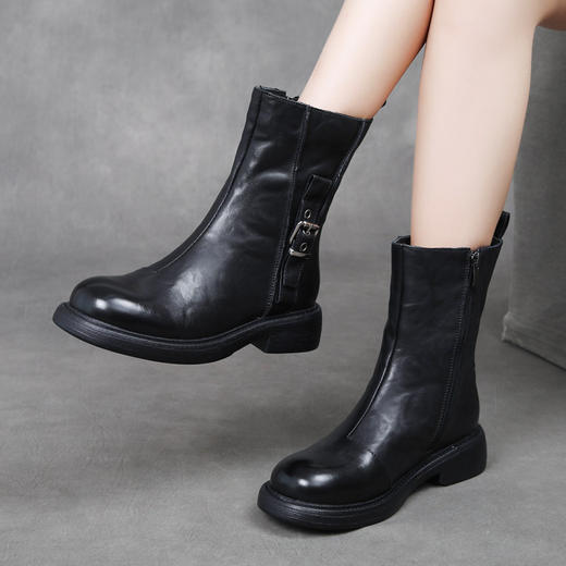 JH3052 2025秋冬轻奢手抓纹头层牛皮拉链马丁靴中靴真皮搭扣休闲女靴 商品图3