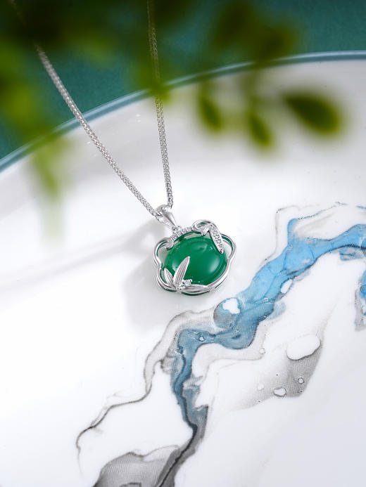 子佩集S925银【绿竹生欢】套链【TL015315】纯银项链玉髓绿玉髓锁竹叶2503 商品图0