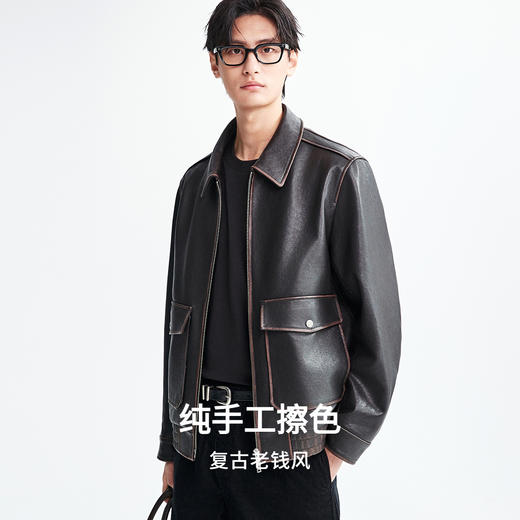 棉仓366827002-7系复古老钱风擦色底特律皮夹克男 秋冬绵羊皮翻领真皮皮衣 商品图0