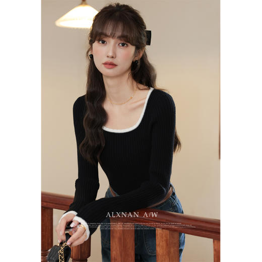 鹿向南「冬日暖阳」撞色方领打底针织衫女秋新款法式修身长袖T恤 商品图2