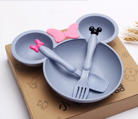 Z3869小麦秸秆婴儿童餐具蝴蝶结米妮碗（蓝色）+叉勺