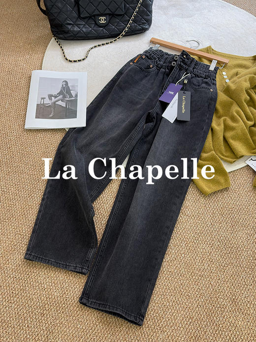 专柜实拍【遮胯显瘦小直筒】拉夏贝尔/La Chapelle复古水洗牛仔裤~松紧高腰！梨形/苹果型显瘦神裤 商品图4