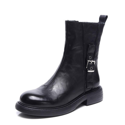 JH3052 2025秋冬轻奢手抓纹头层牛皮拉链马丁靴中靴真皮搭扣休闲女靴 商品图4