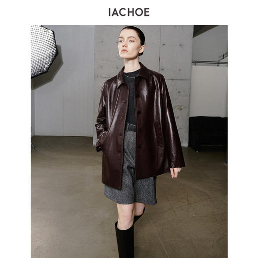 棉仓3661527003-油蜡羊皮翻领皮衣外套女 25秋冬棕色中长款风衣式皮衣 商品图3