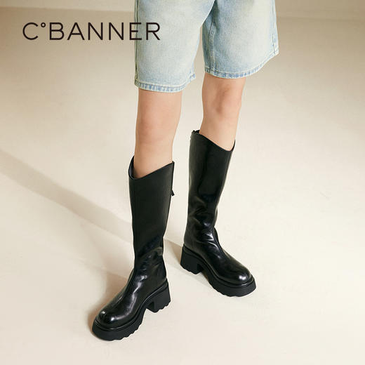 【云粉节】BF楼千百度厚底手抓皮骑士靴女2025冬季新款增高瘦瘦靴粗跟显瘦长靴A25500227吊牌价1299活动价883 商品图1