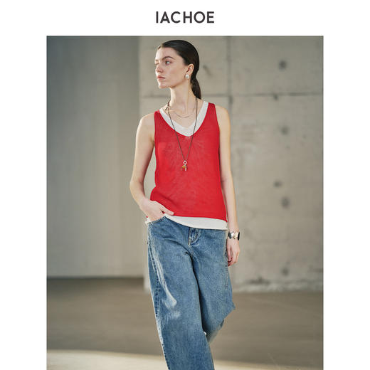棉仓3631503011-三醋酸针织背心女 25夏假两件V领无袖上衣拼色外穿吊带红色 商品图2