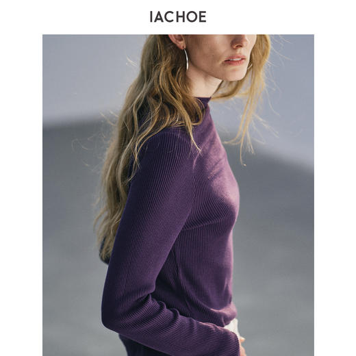 棉仓3661501012-半高领坑条打底衫女 25秋冬紫色修身长袖T恤内搭 商品图0