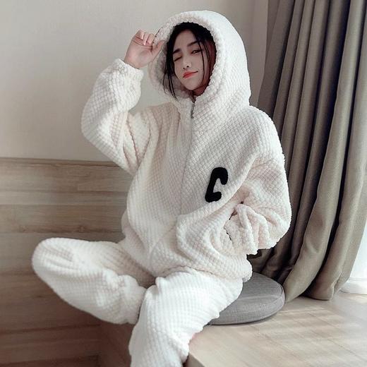 秋冬新款连帽拉链开衫睡衣套装家居服女珊瑚绒加绒保暖两件套 商品图3