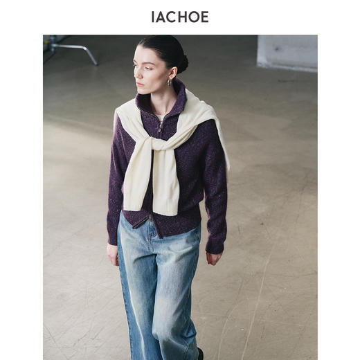 棉仓3671506006-紫色牦牛绒花纱厚款拉链开衫女 25秋冬立领加厚保暖毛衣 商品图3