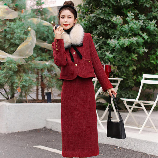 小香风圣诞新年羽绒服套装，气质名媛真毛领半身裙套装HR-YJLY9025 商品图0