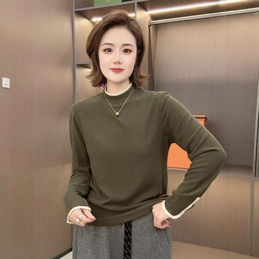 秋冬款花边圆领双面绒长袖小衫女是撒花时尚简约百搭保暖打底衫 商品图2