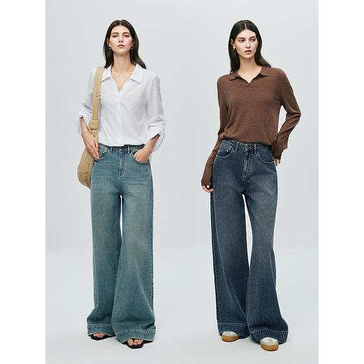 棉仓366619002-25秋复古弹力水洗牛仔丹宁宽边阔腿裤 商品图4